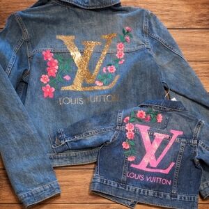 The Children's Place Blue Denim Jacket with Pink & Gold Floral Logo Embroidered